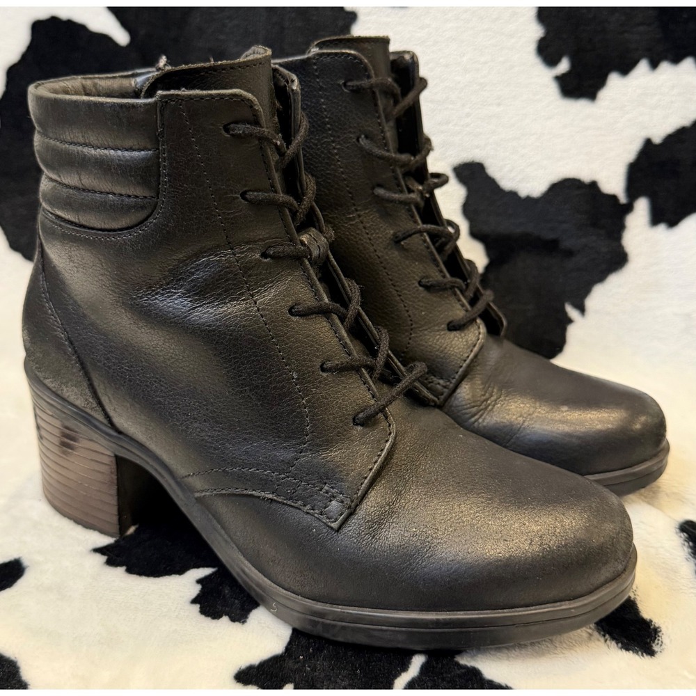 Clarks Women's Black Leather Lace Up Ankle Boots Block Heel Side Zip US 5